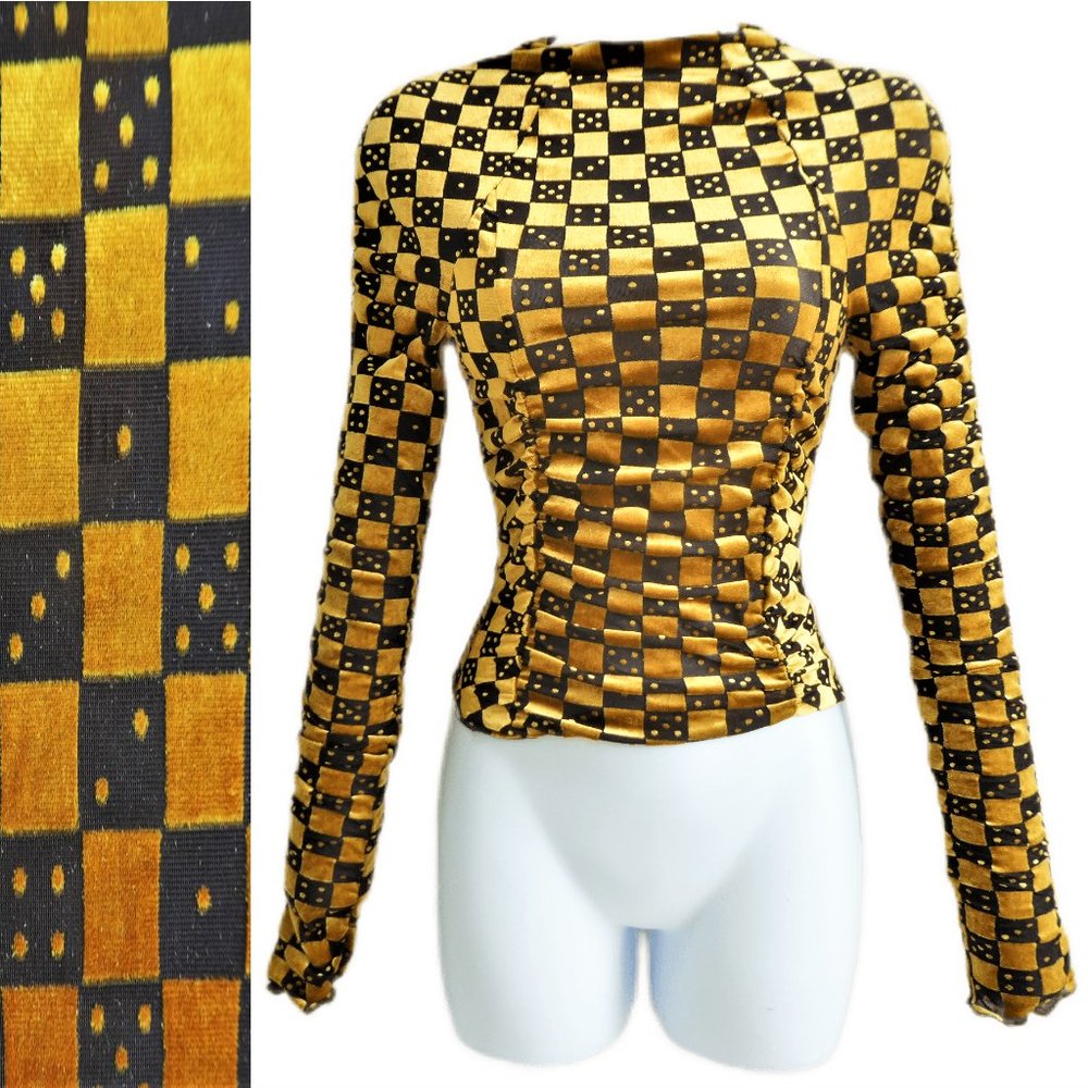 NEW Urban Outfitters Gold Natalia High Neck Ruched Fitted Burnout VeLVeT Dice XS